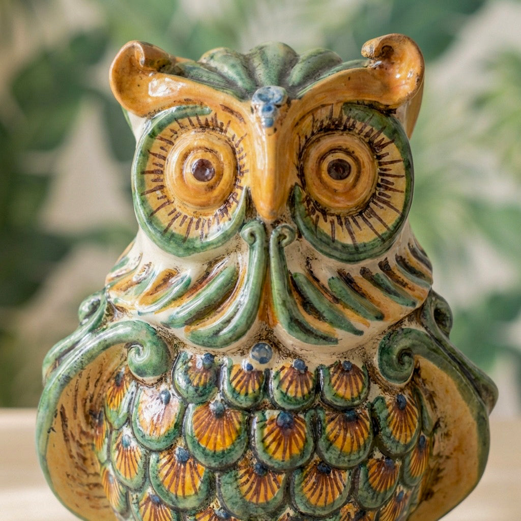 Gufo in Ceramica di Caltagirone h 20 cm - Verde e Arancio