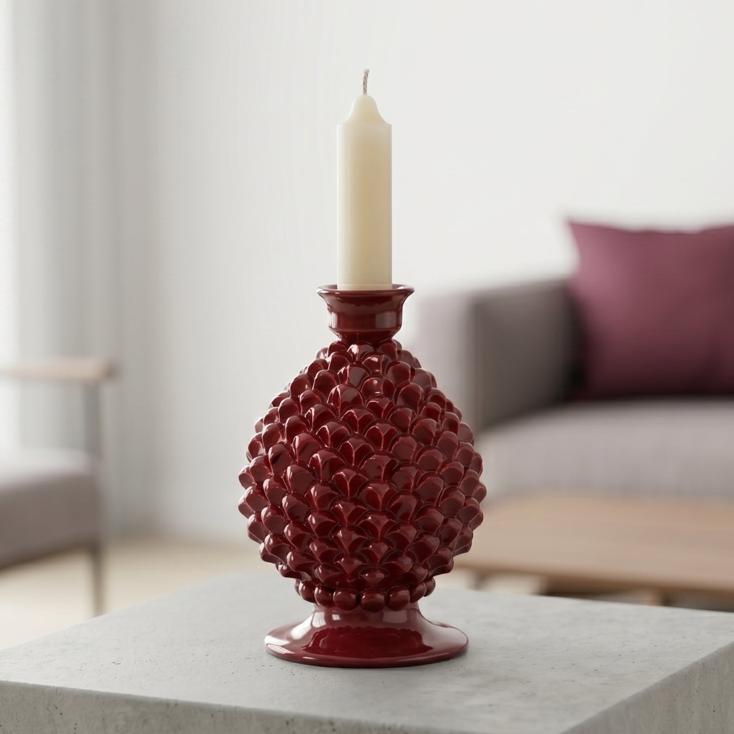 Portacandela a Pigna in Ceramica di Caltagirone h 18 cm - Bordeaux | Bomboniera