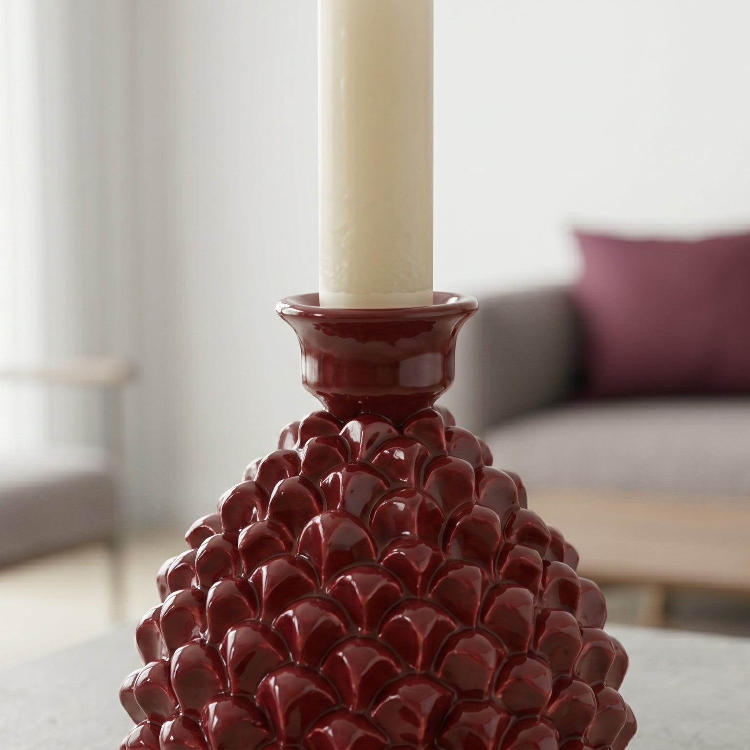 Portacandela a Pigna in Ceramica di Caltagirone h 18 cm - Bordeaux | Bomboniera