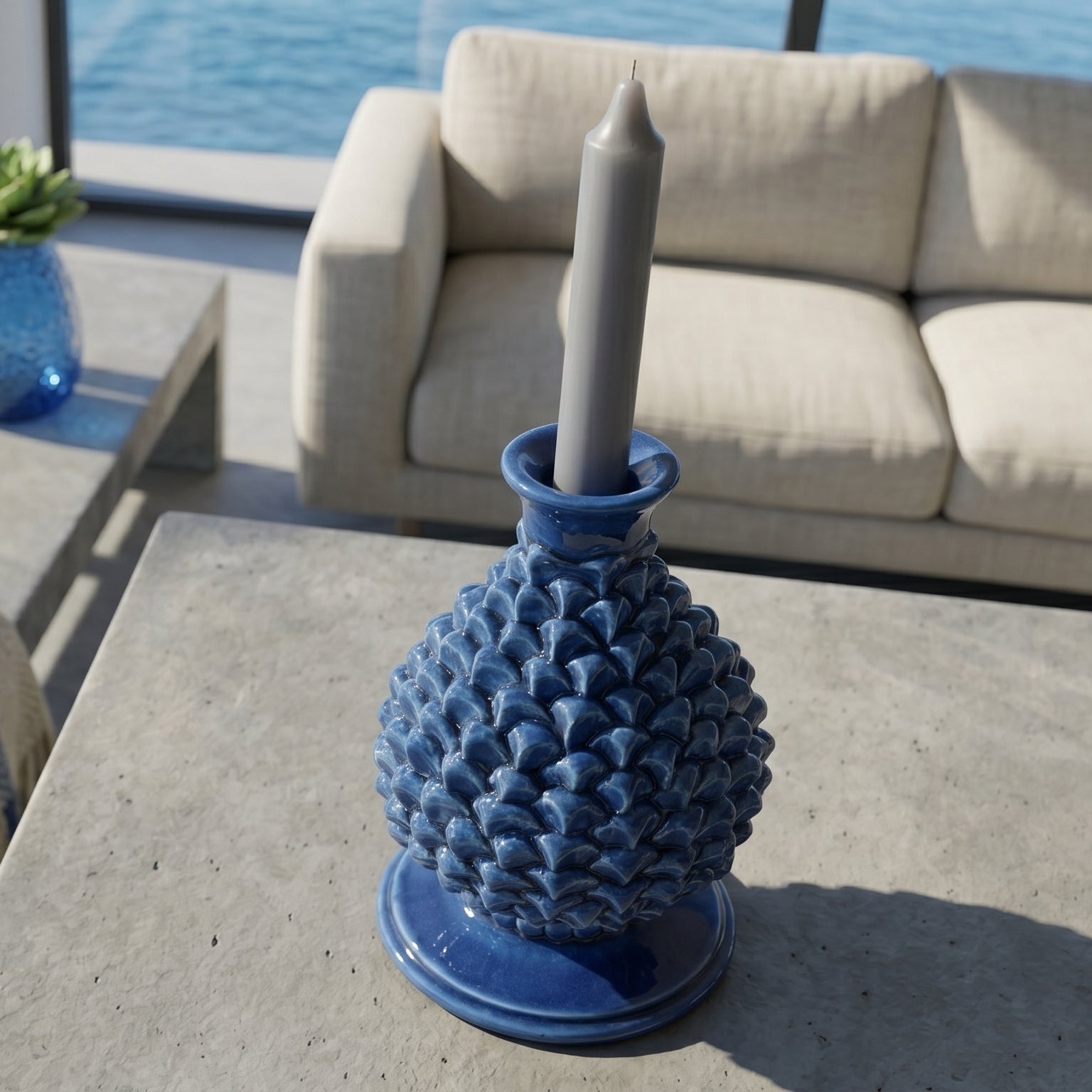 Portacandela a Pigna in Ceramica di Caltagirone h 18 cm - Blu Intenso | Bomboniera