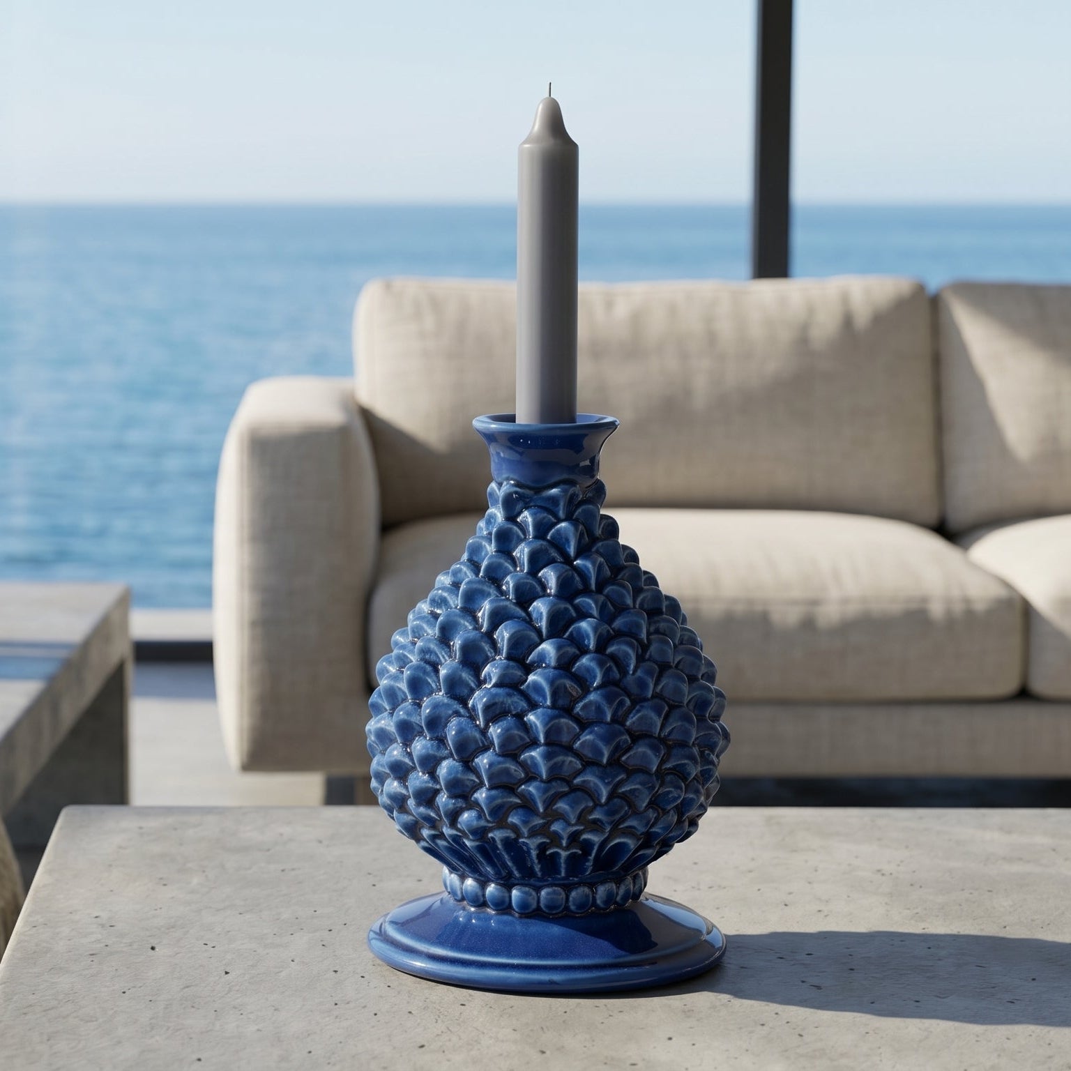 Portacandela a Pigna in Ceramica di Caltagirone h 18 cm - Blu Intenso | Bomboniera