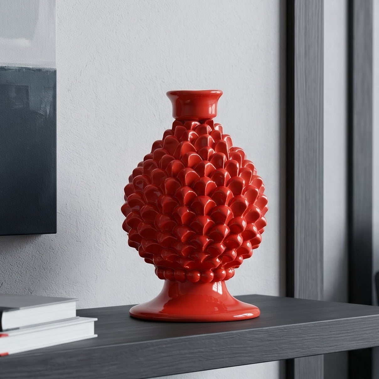 Portacandela a Pigna in Ceramica di Caltagirone h 18 cm - Rosso Fuoco | Bomboniera