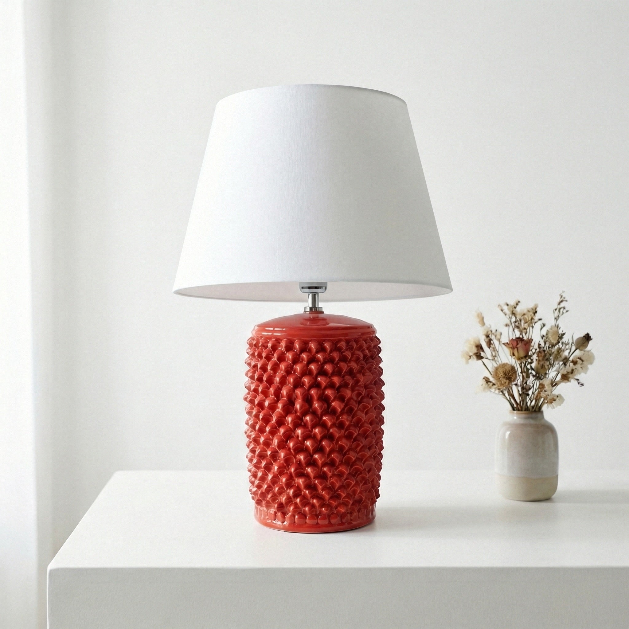 Lume Pigna Cilindro in Ceramica di Caltagirone h 60 cm - Rosso Fuoco