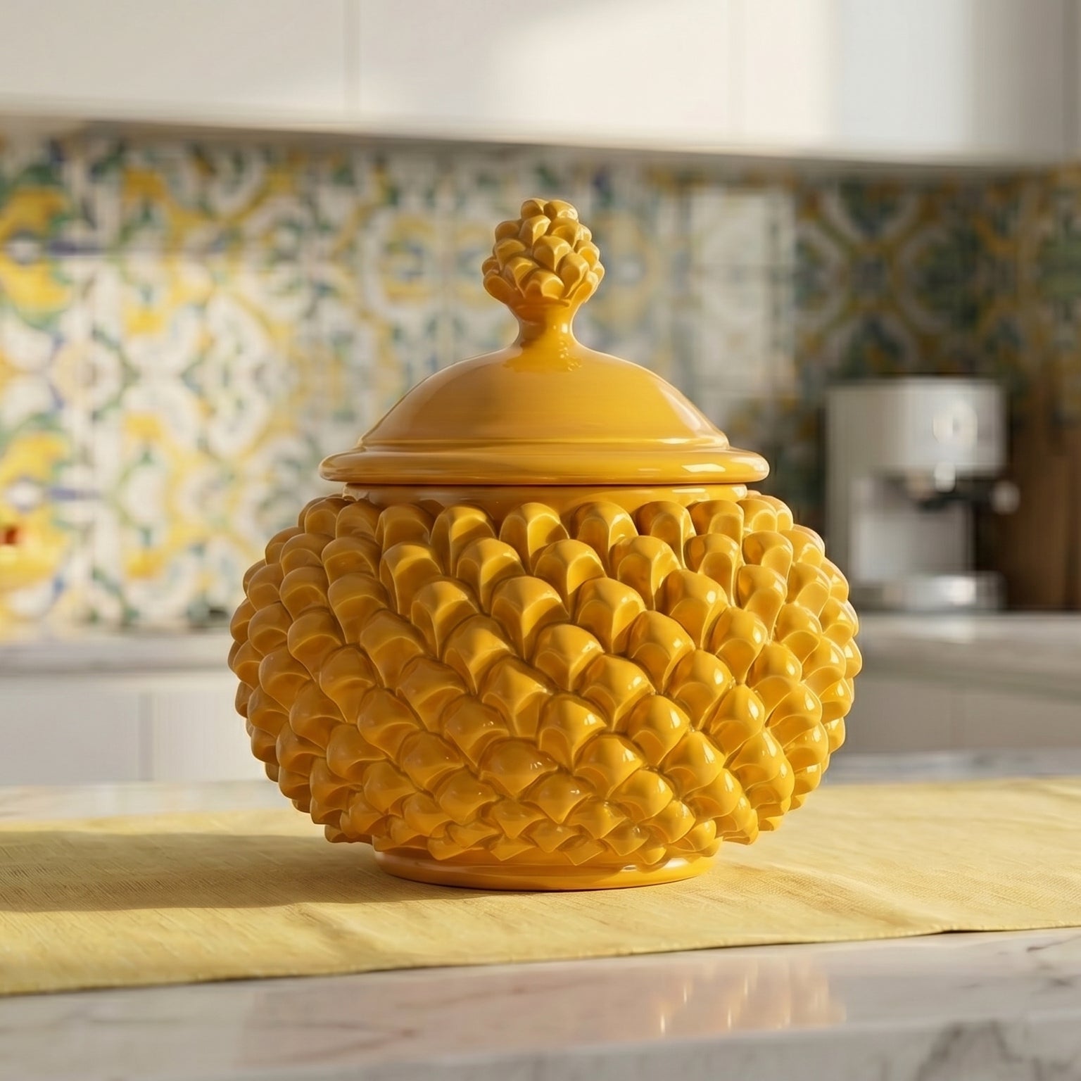 Biscottiera a Pigna in Ceramica di Caltagirone Ø 20 cm - Senape