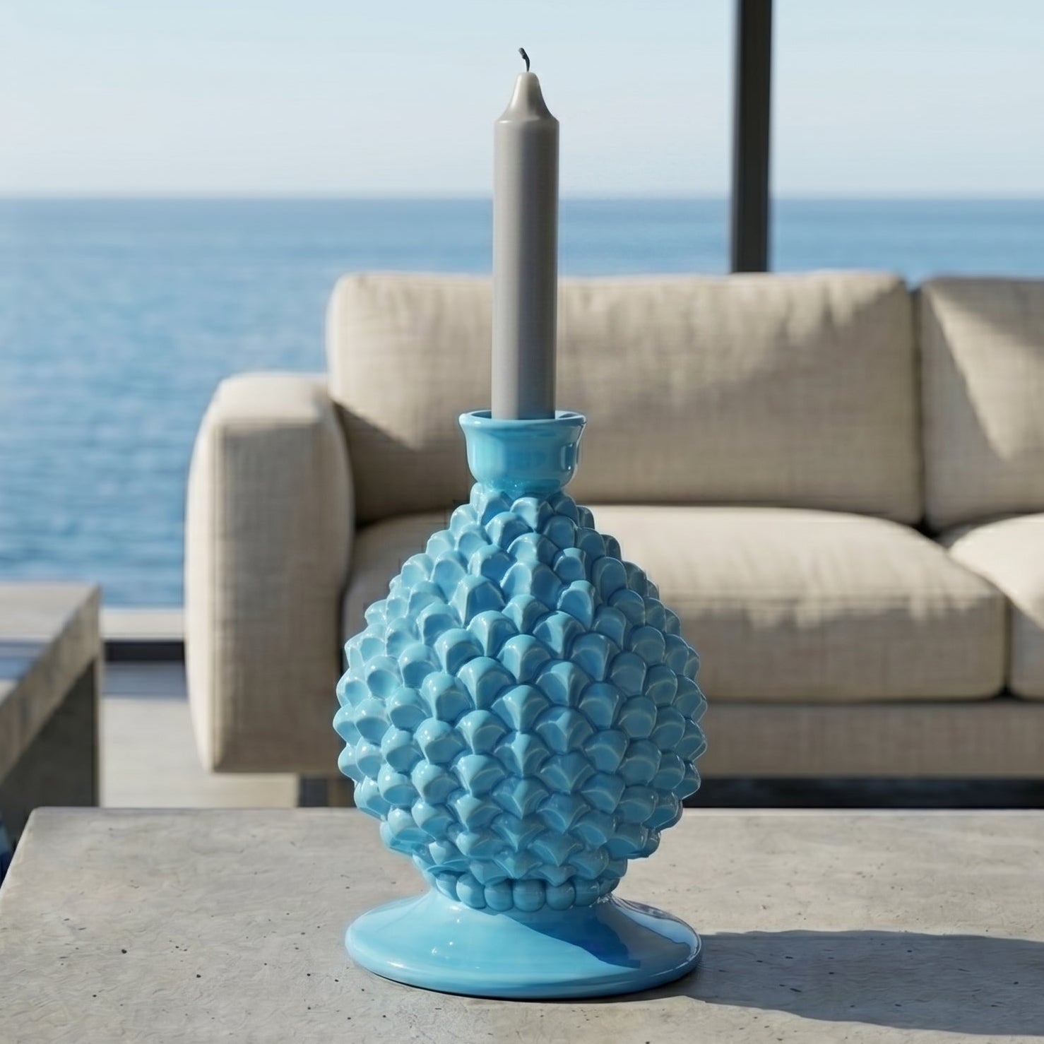 Portacandela a Pigna in Ceramica di Caltagirone h 18 cm - Turchese | Bomboniera