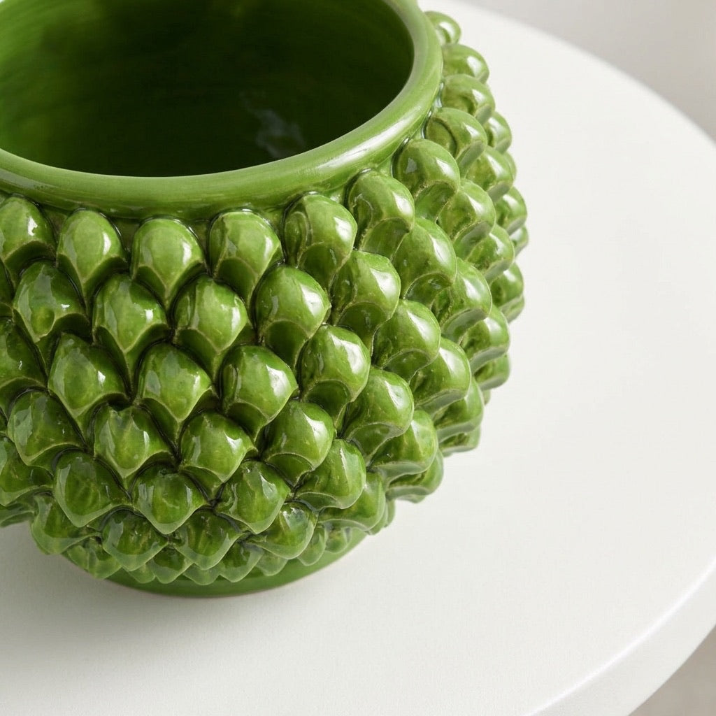 Vaso Mezza Pigna Senza Piede in Ceramica di Caltagirone - Verde Foglia