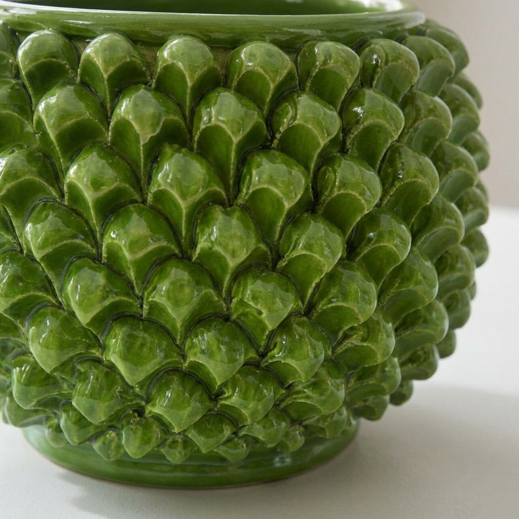 Vaso Mezza Pigna Senza Piede in Ceramica di Caltagirone - Verde Foglia