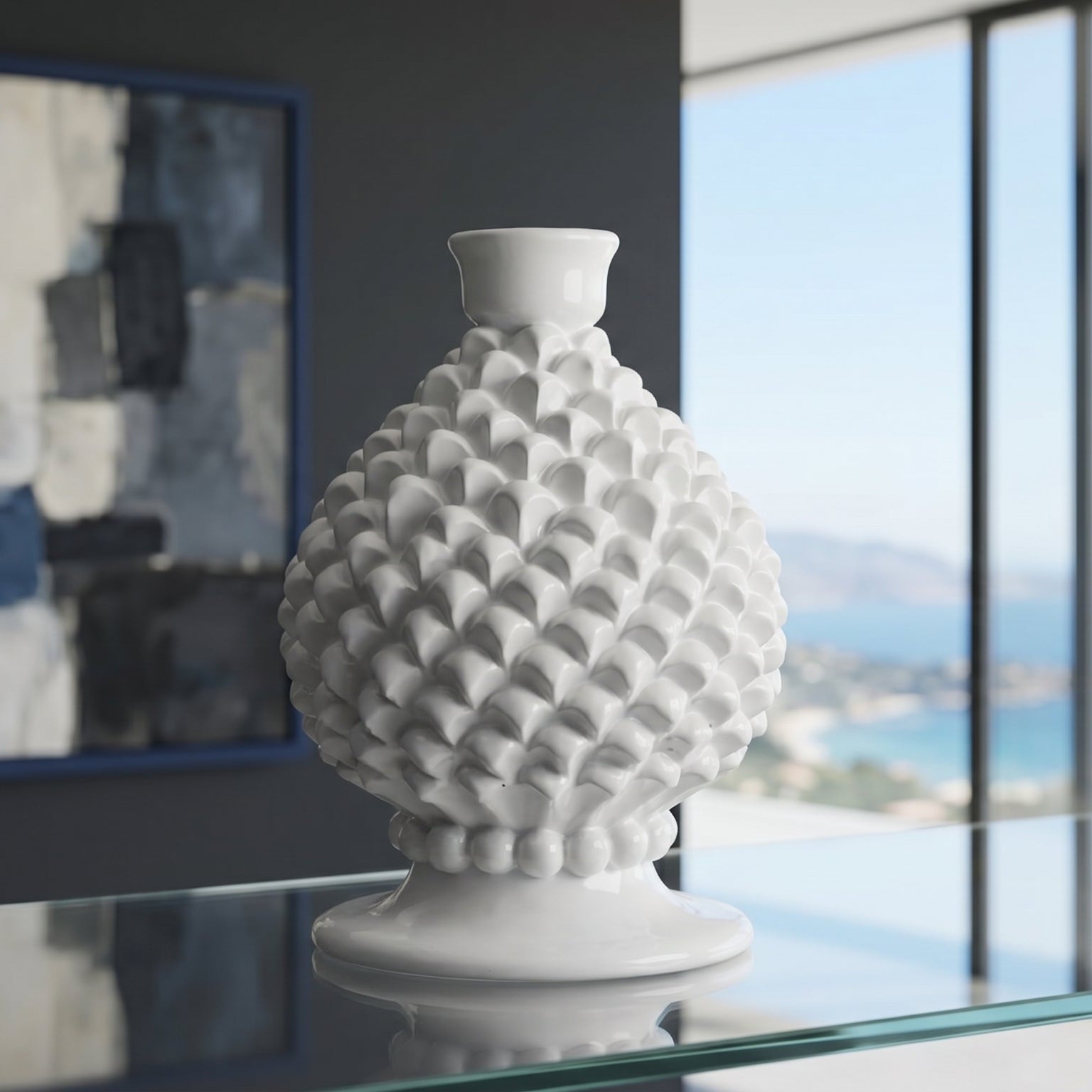 Portacandela a Pigna in Ceramica di Caltagirone h 18 cm - White Line | Bomboniera