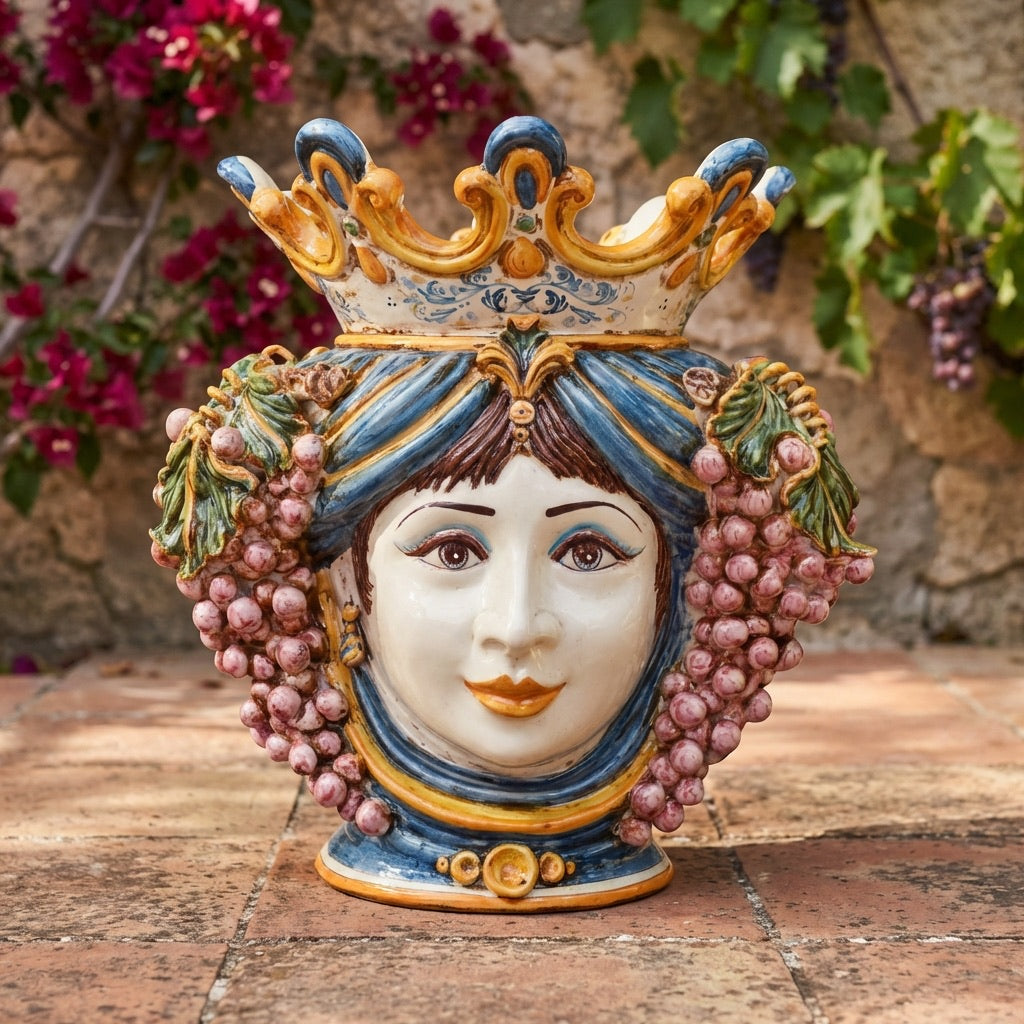 Testa di Moro con Uva h 40 cm - Donna, Blu e Arancio