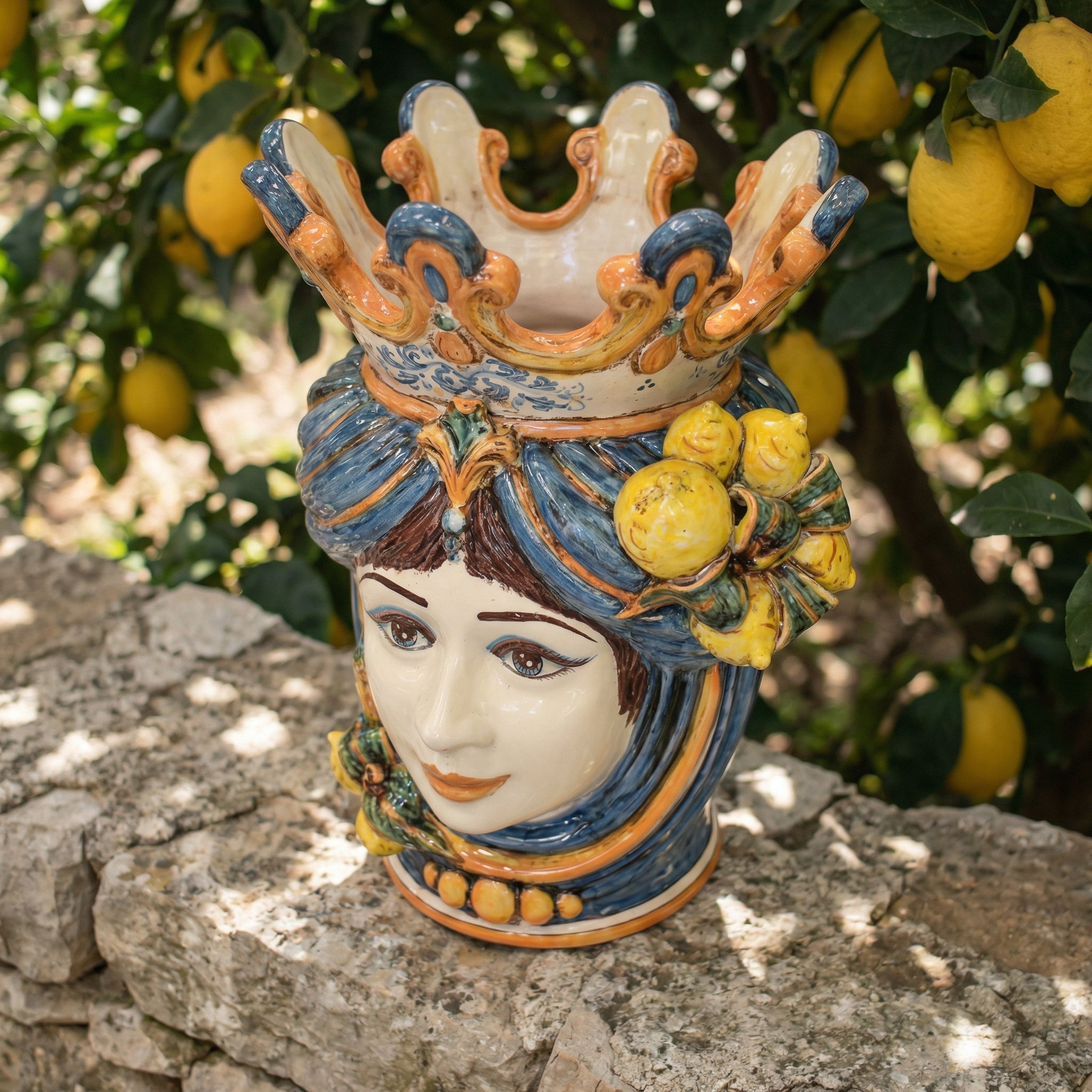 Testa di Moro con Limoni h 40 cm - Donna, Blu e Arancio