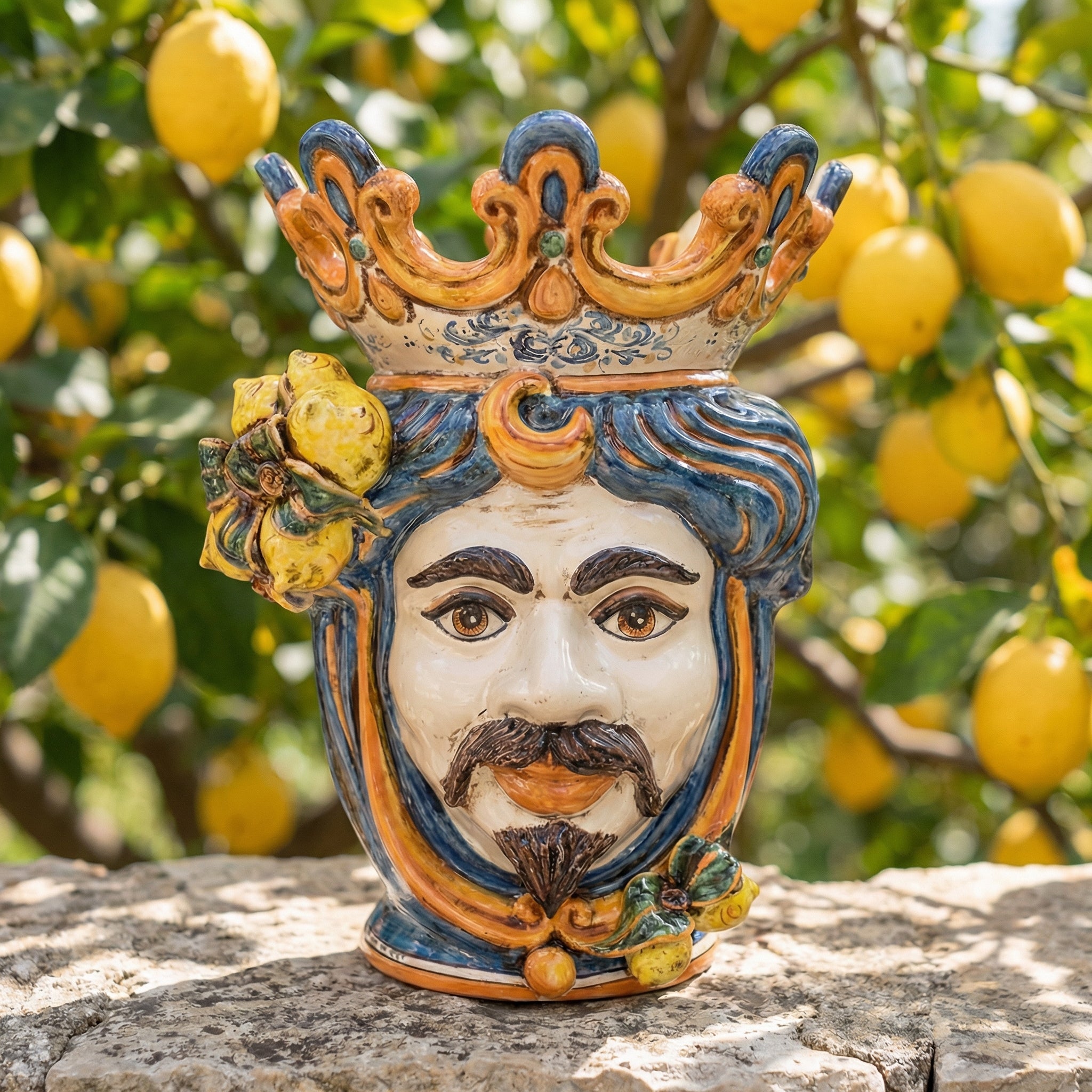 Testa di Moro con Limoni h 40 cm - Maschio Bianco, Blu e Arancio