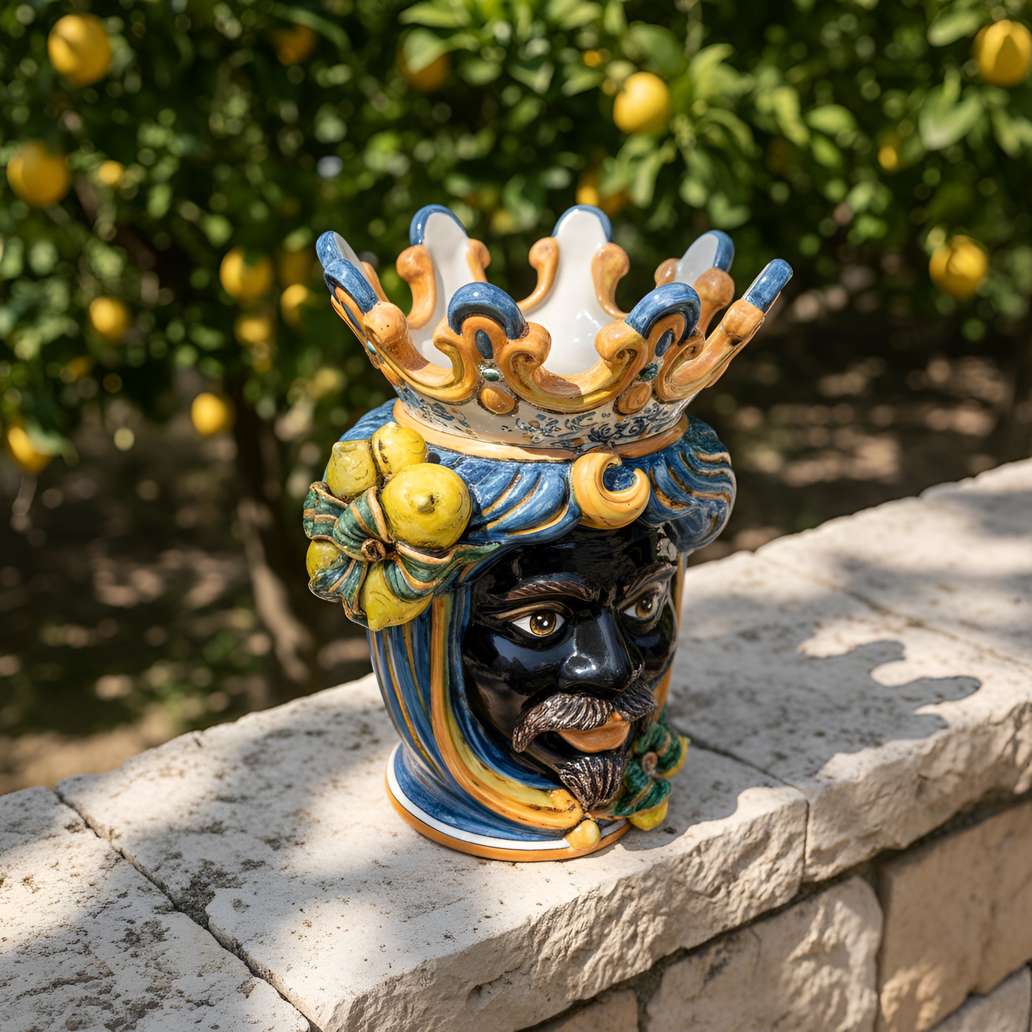 Testa di Moro con Limoni h 40 cm - Maschio Moro, Blu e Arancio