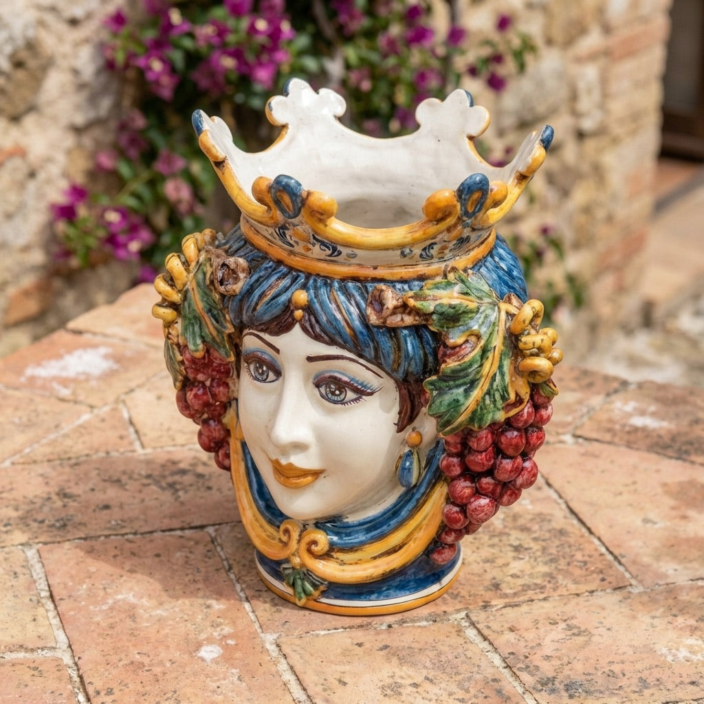 Testa di Moro con Uva h 25 cm - Donna, Blu e Arancio