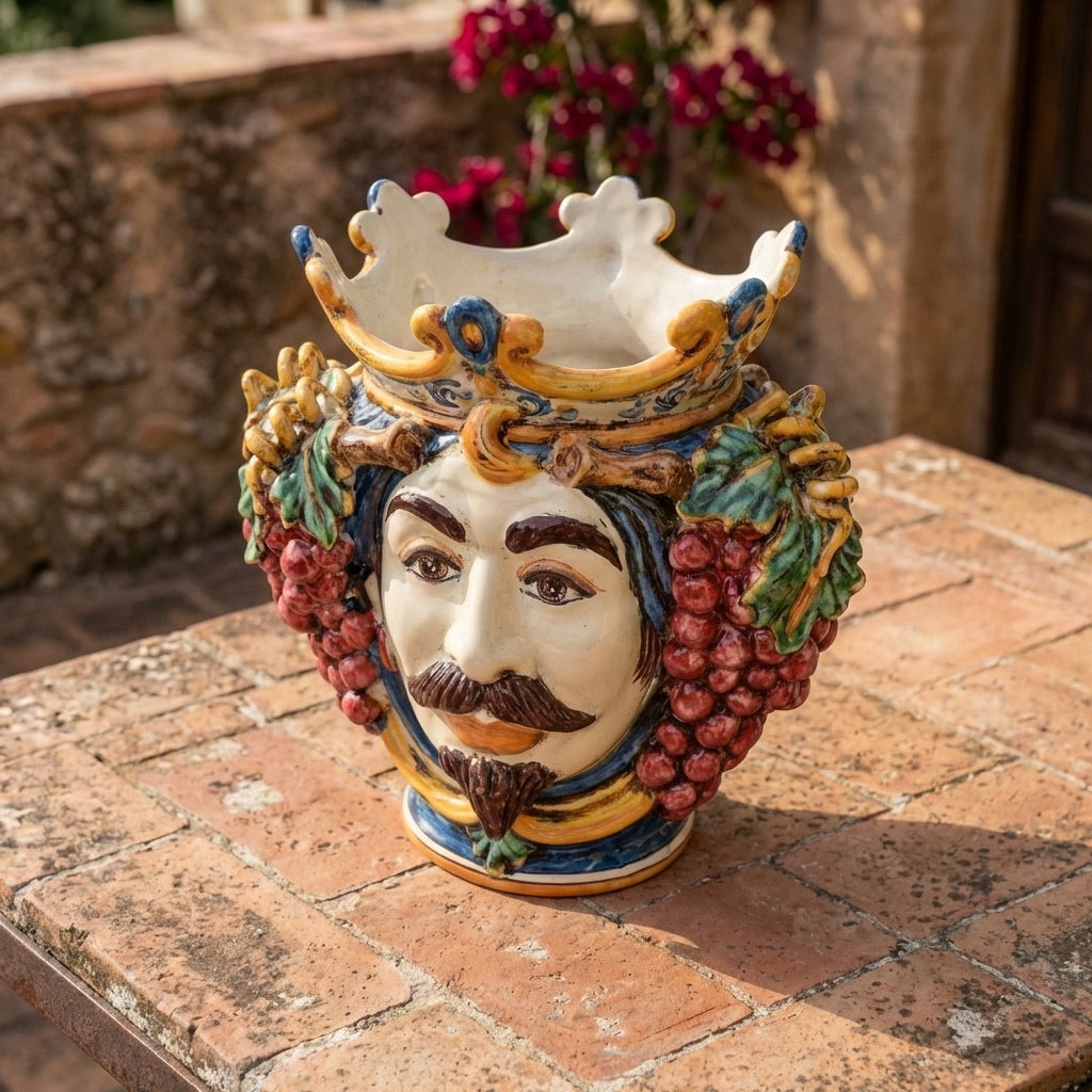 Testa di Moro con Uva h 25 cm - Maschio Bianco, Blu e Arancio