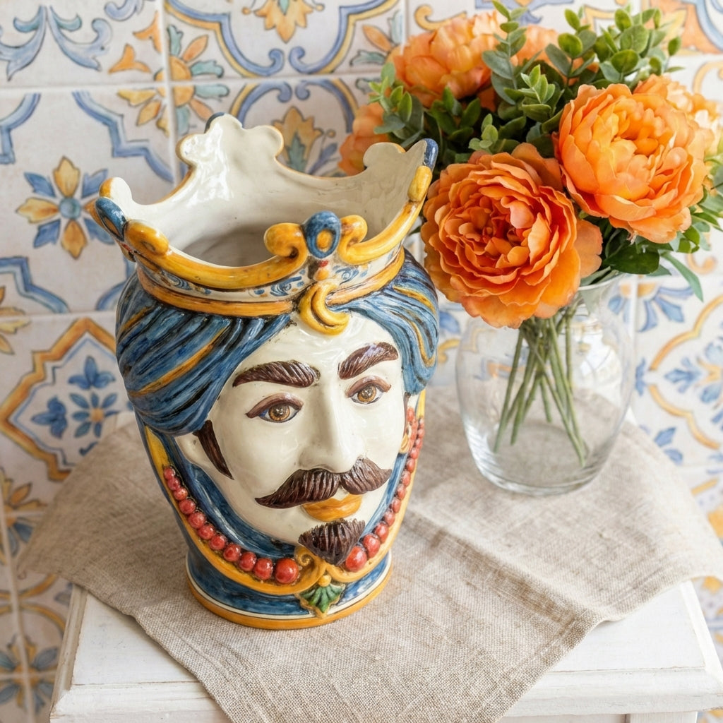 Testa di Moro con Perline h 25 cm - Maschio Bianco, Decoro Sicily