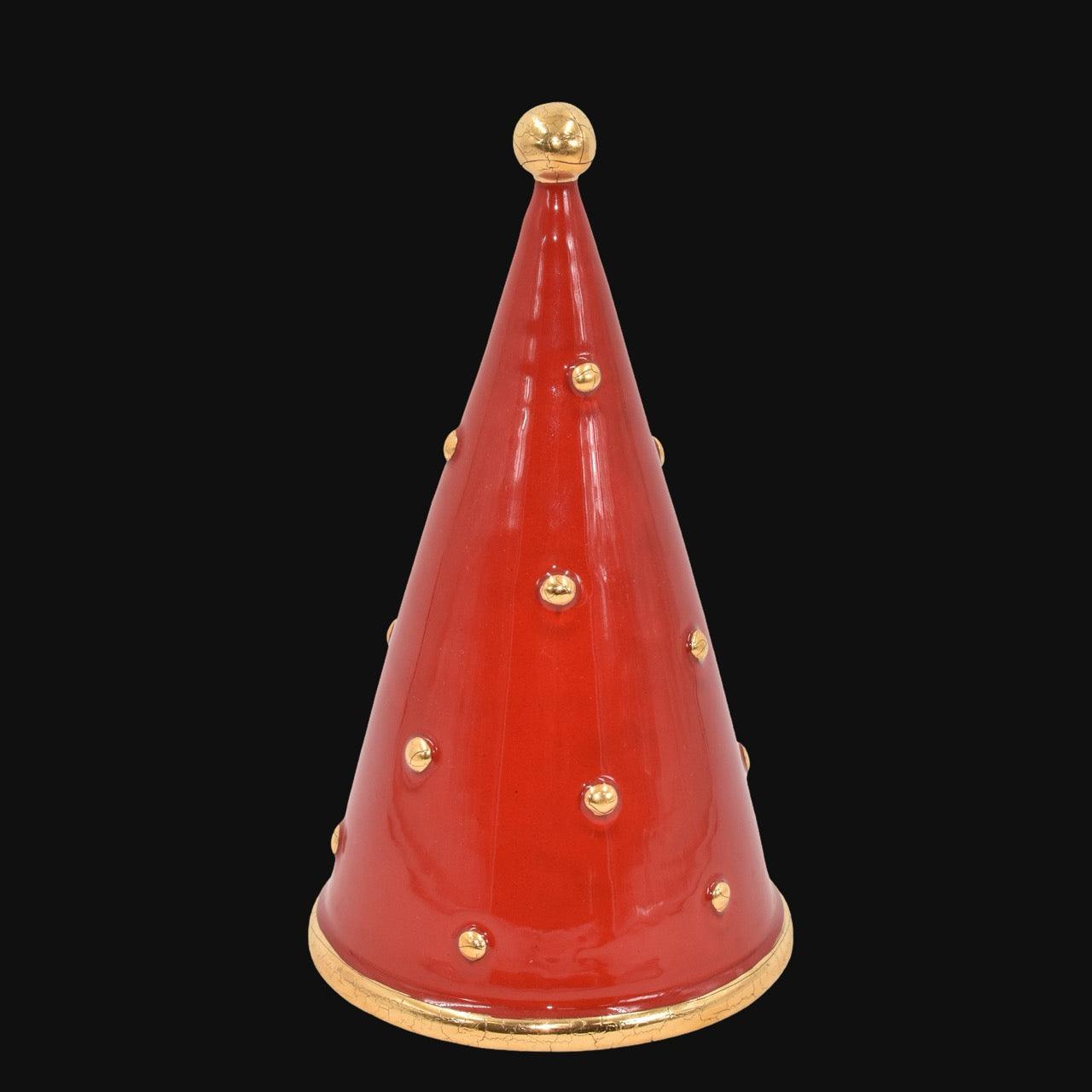 Albero di Natale cono moderno in ceramica rossa con dettagli dorati, ceramiche Caltagirone fatti a mano.