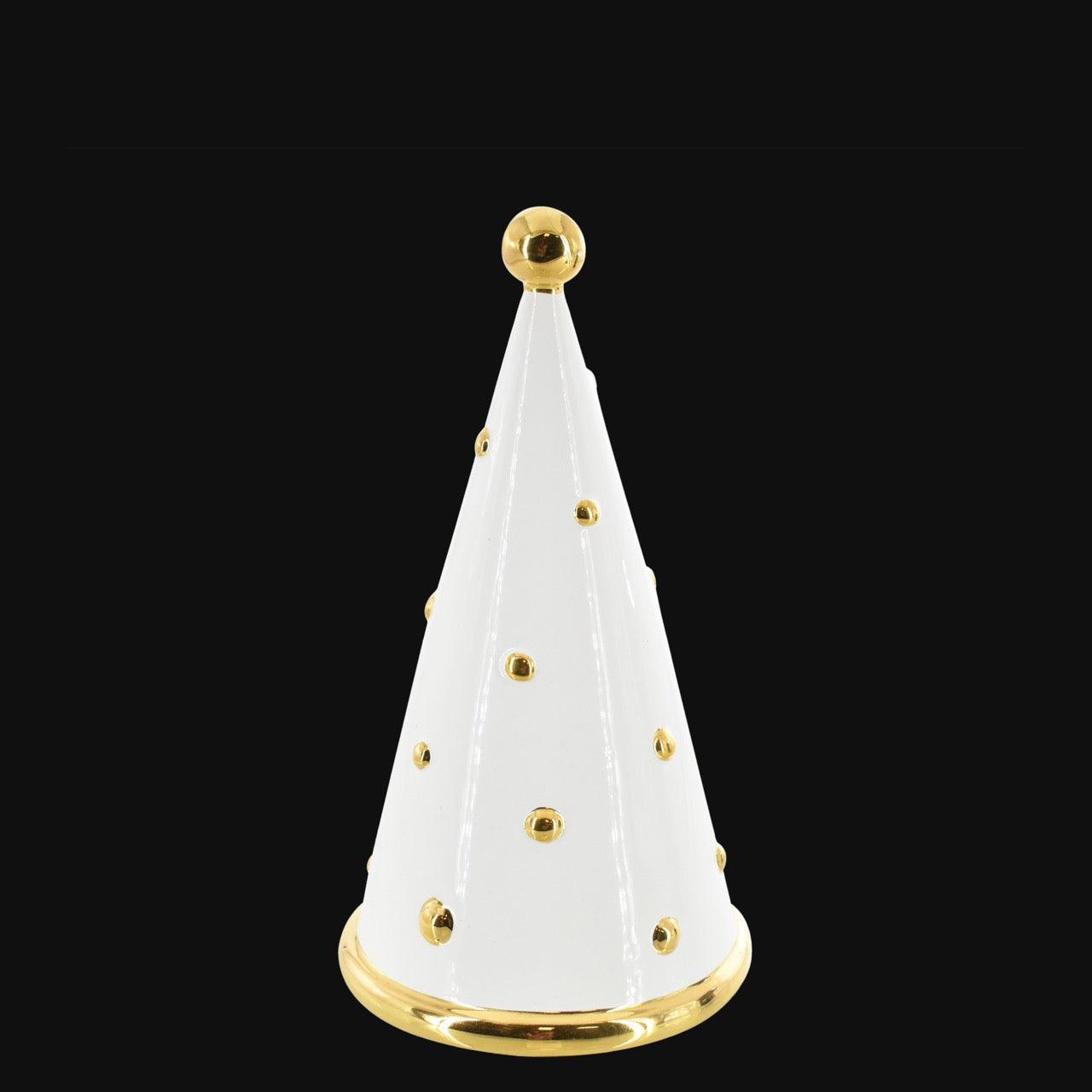 Albero di Natale cono moderno in ceramica bianca e oro, ceramiche caltagirone fatti a mano