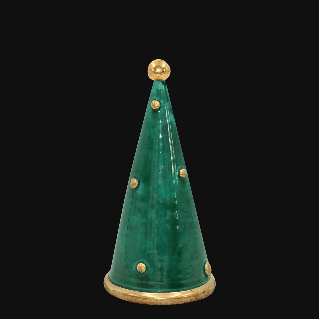 Albero di Natale moderno in ceramica di Caltagirone, verde con dettagli dorati, ceramiche Caltagirone fatti a mano.