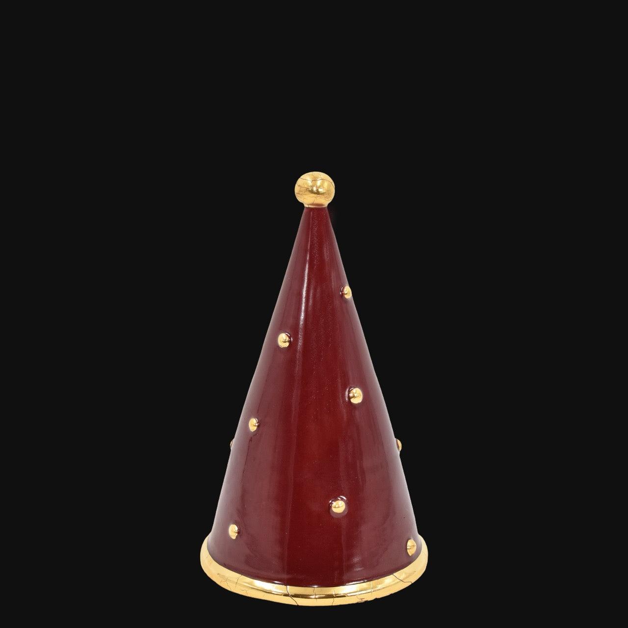 Albero di Natale cono moderno in ceramica di Caltagirone fatti a mano, rosso e oro.