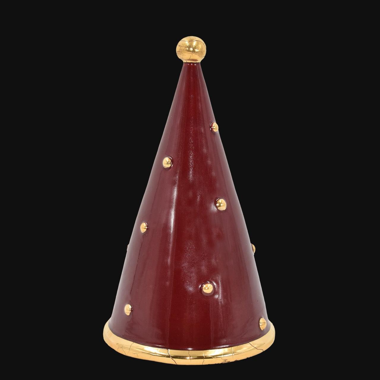 Albero di Natale cono moderno in ceramica di Caltagirone fatti a mano, rosso e oro.