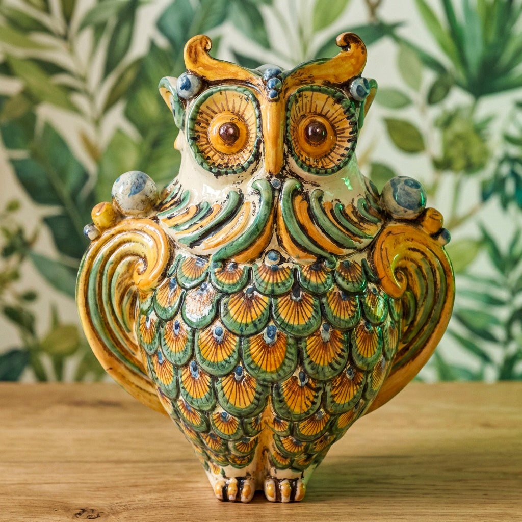 Gufo in Ceramica di Caltagirone h 30 cm - Verde e Arancio