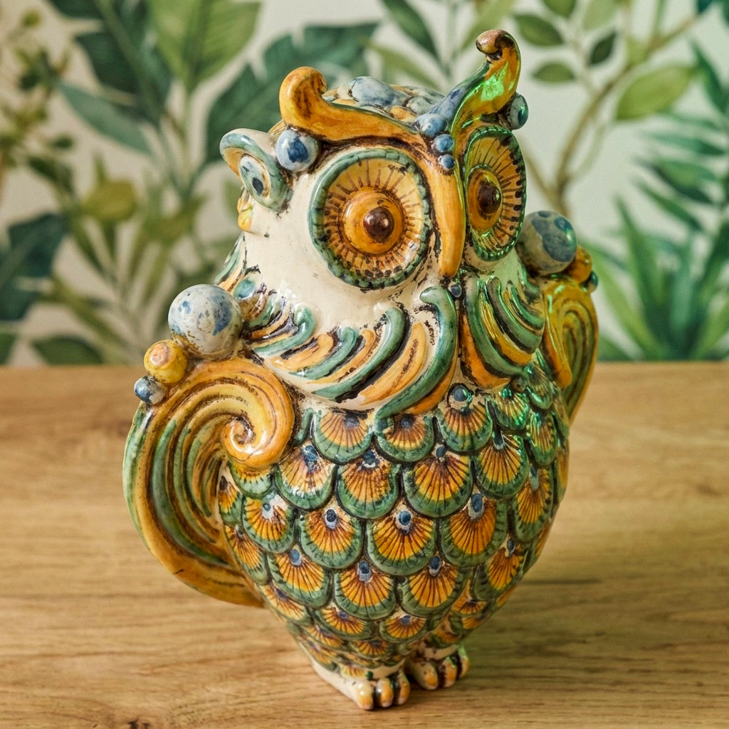 Gufo in Ceramica di Caltagirone h 30 cm - Verde e Arancio