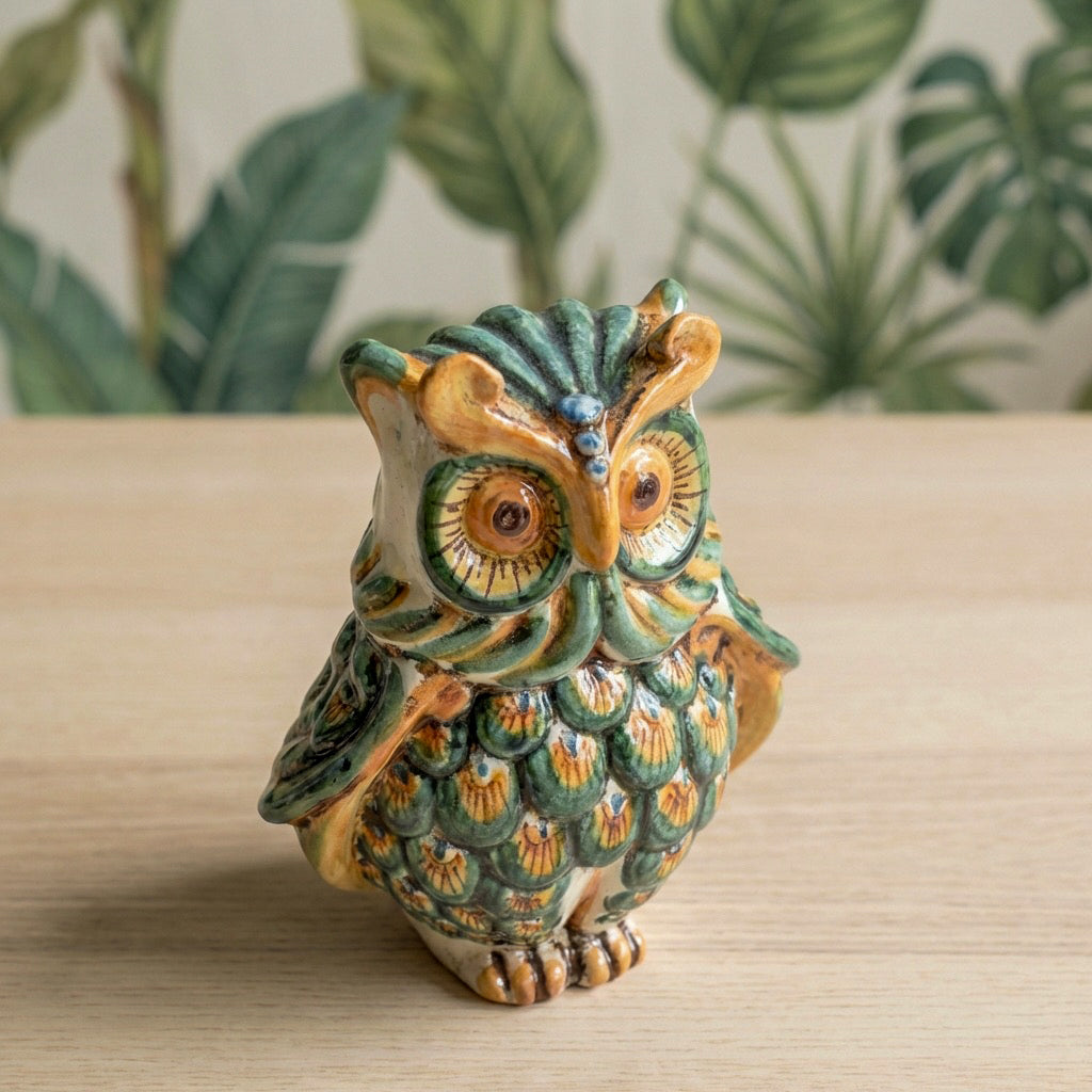 Gufo in Ceramica di Caltagirone h 15 cm - Verde e Arancio