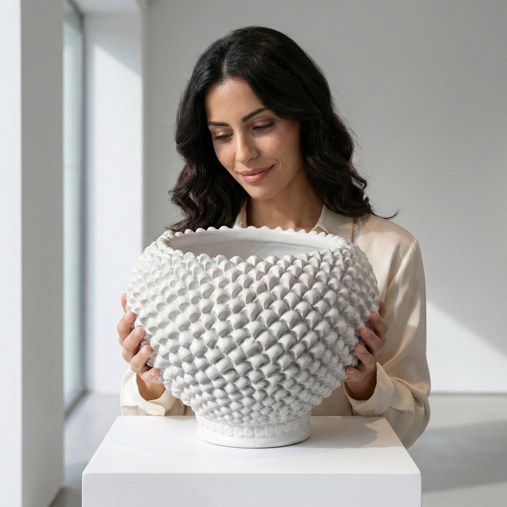 Cachepot a Pigna in Ceramica di Caltagirone - White Line