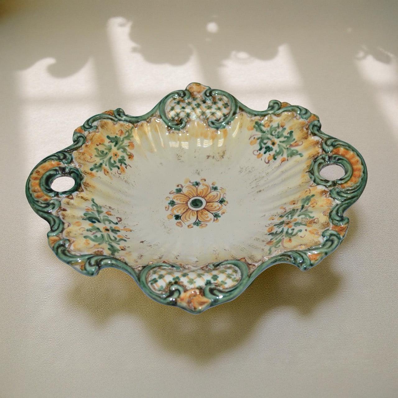 centrotavola barocco ceramiche Caltagirone fatti a mano verde e arancio decorato