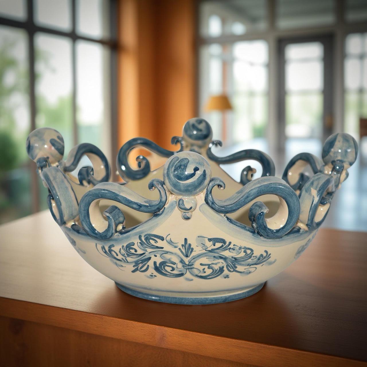 Centrotavola in ceramica artistica blu e bianca, ceramiche Caltagirone fatti a mano