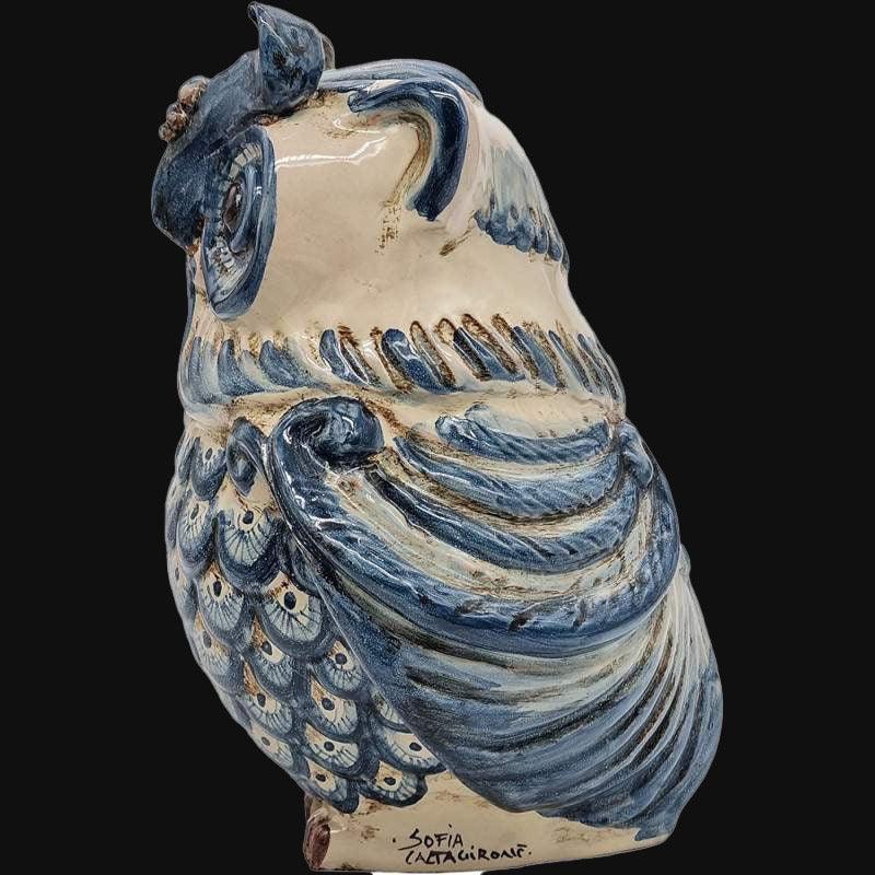 Gufo in ceramica blu dipinto a mano, ceramiche Caltagirone Sofia, ceramiche caltagirone fatti a mano
