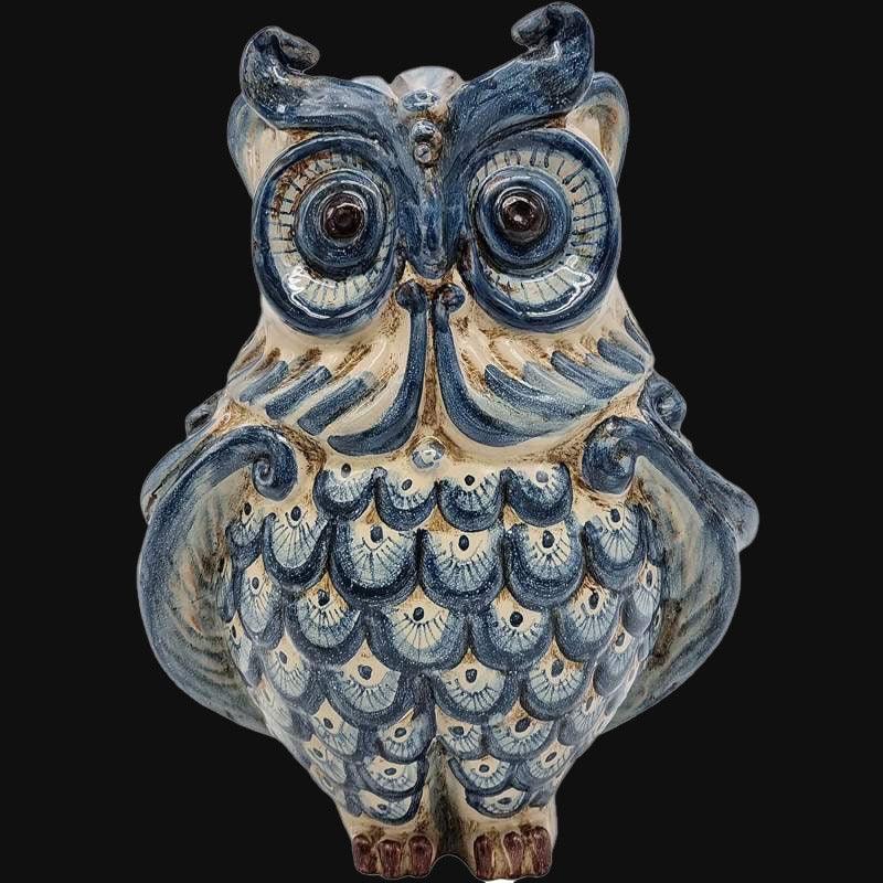 Gufo blu in ceramica di Caltagirone, fatto a mano, decorazione artigianale Sofia.