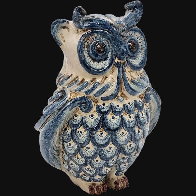 Gufo ceramica blu fatto a mano, ceramiche Caltagirone Sofia, decorazione artigianale