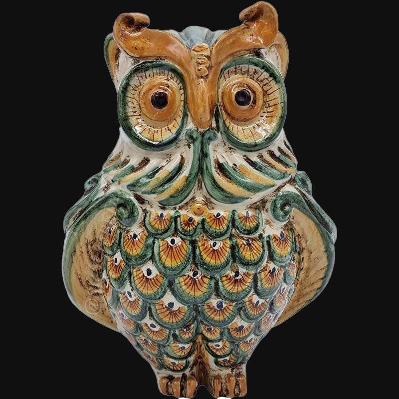 Gufo in ceramica di Caltagirone Sofia, verde e arancione, ceramiche caltagirone fatti a mano