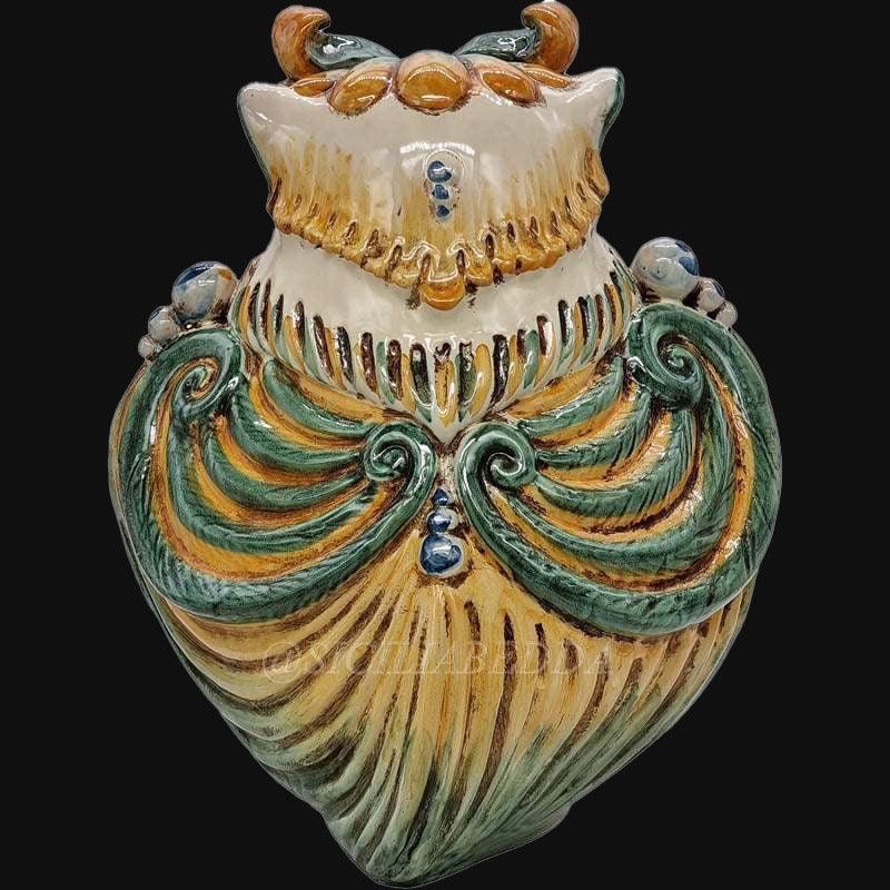 Gufo in ceramica di Caltagirone verde e arancio, ceramiche fatti a mano Sofia