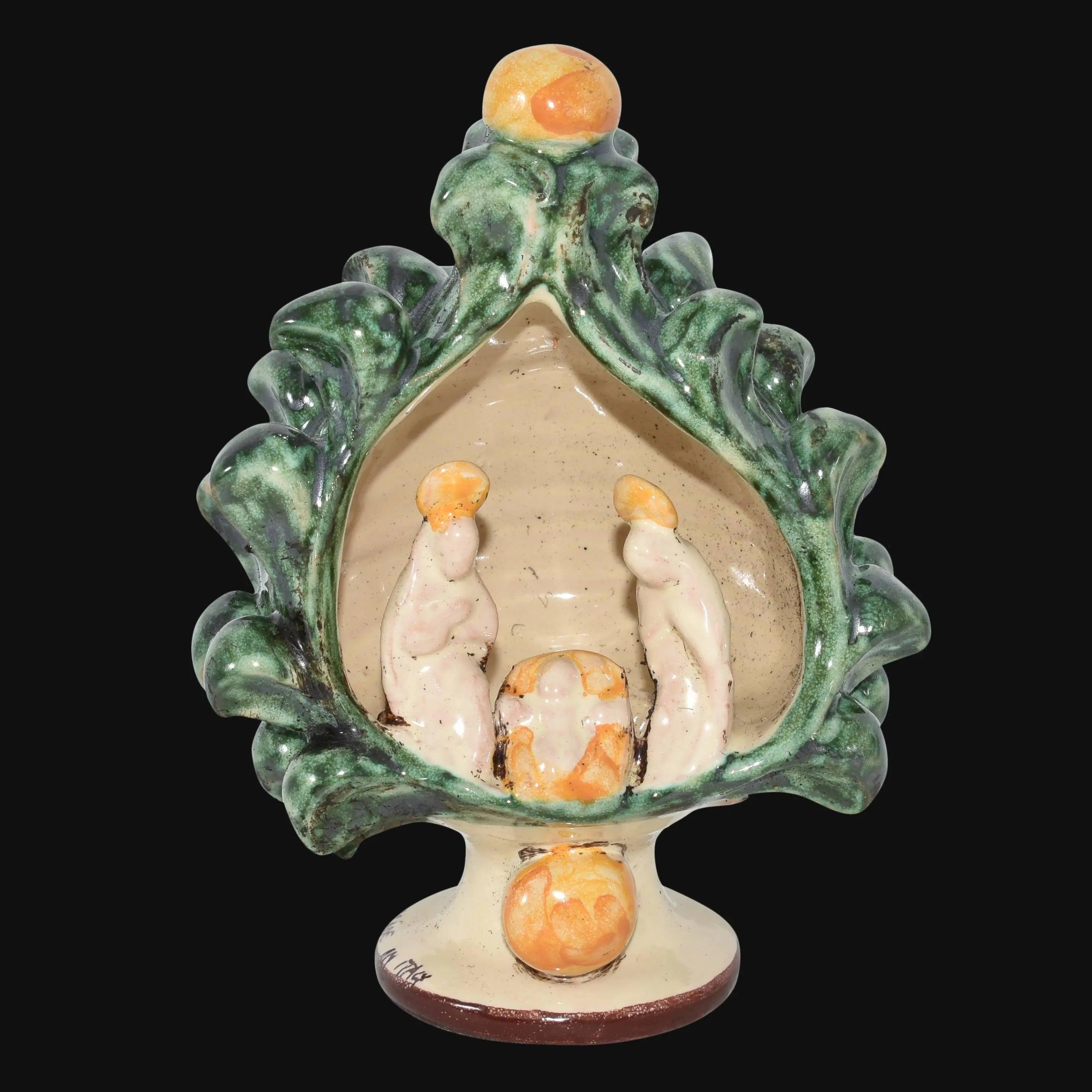 Natività in ceramica di Caltagirone fatta a mano, verde e arancio, decorazione artigianale