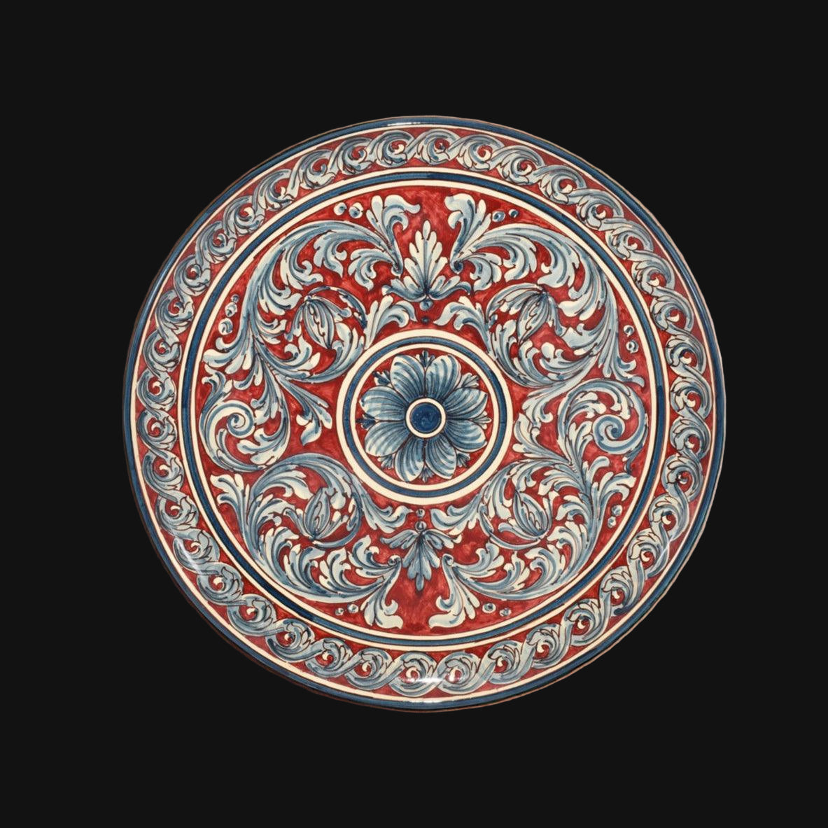 Piatto ornamentale ceramiche Caltagirone fatti a mano, decori blu e bordeaux, floreale