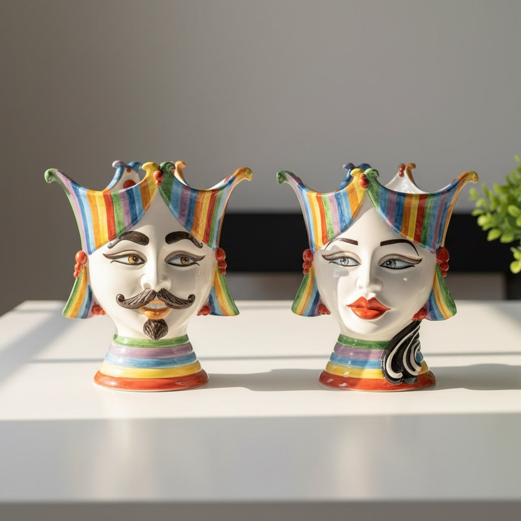 Testa di Moro "Aisha" 25 cm White and Color - Viso di Donna in Ceramica Siciliana - Ceramiche di Caltagirone Sofia