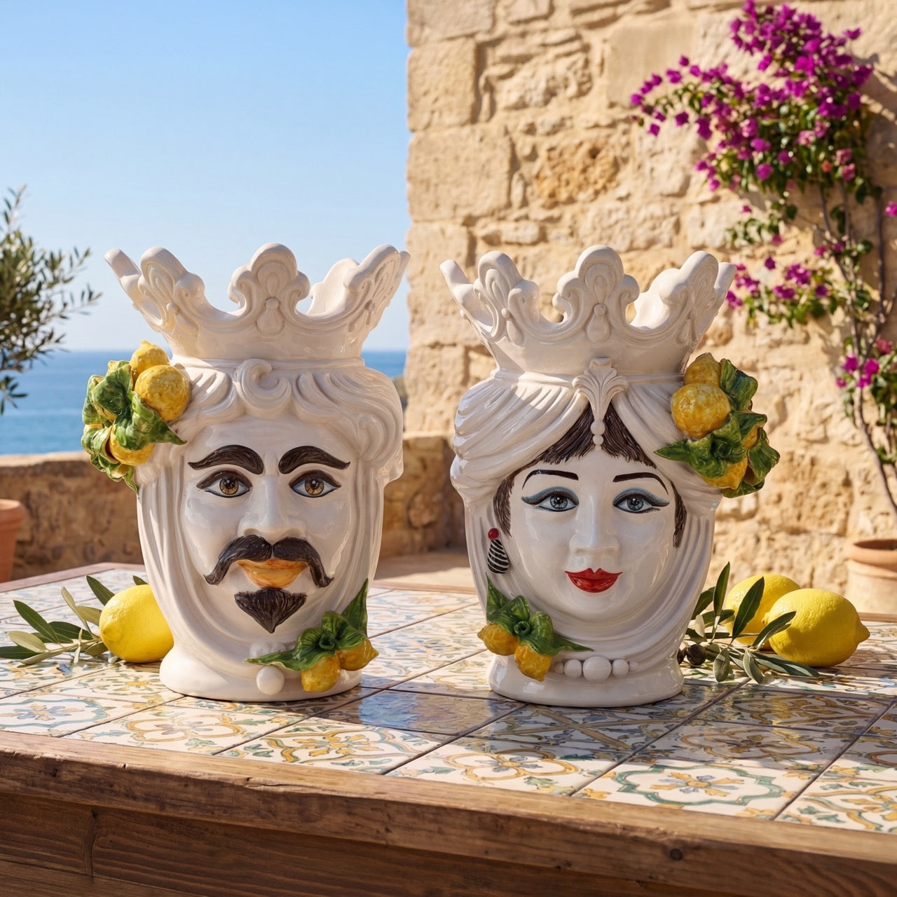 Testa di Moro h 40 cm White and Lemon Uomo - Ceramiche di Caltagirone Sofia