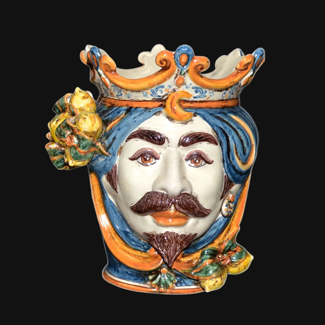 Testa h 25 cm limoni blu e arancio maschio bianco - Ceramiche di Caltagirone Sofia
