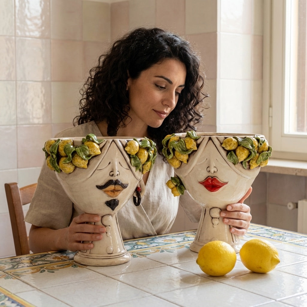 Testa h 30 Zahira Limoni Siciliani in Madreperla viso uomo - Ceramiche di Caltagirone Sofia