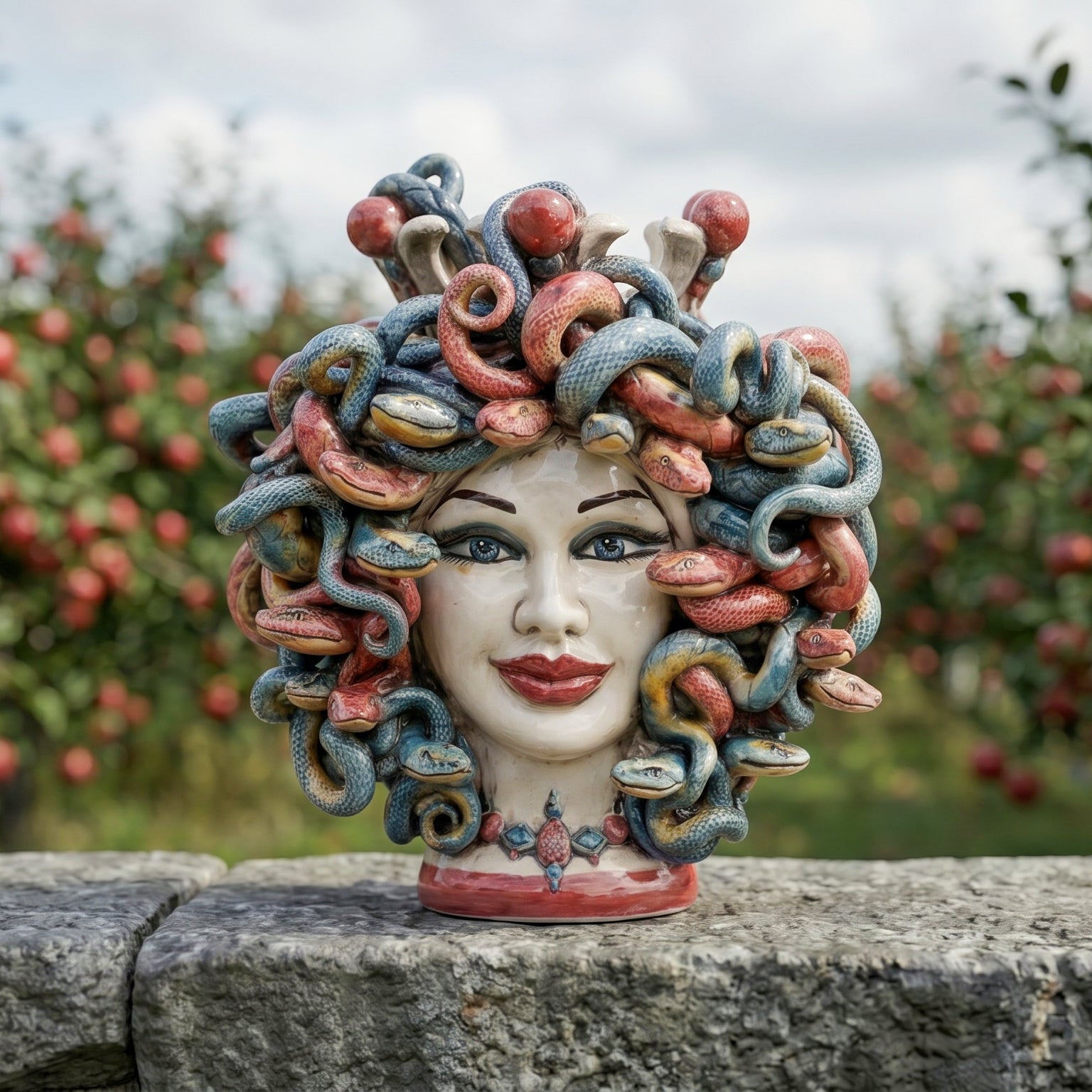 Testa Medusa h 25 cm maschio moro - con Perline Bordeaux | Ceramica Caltagirone