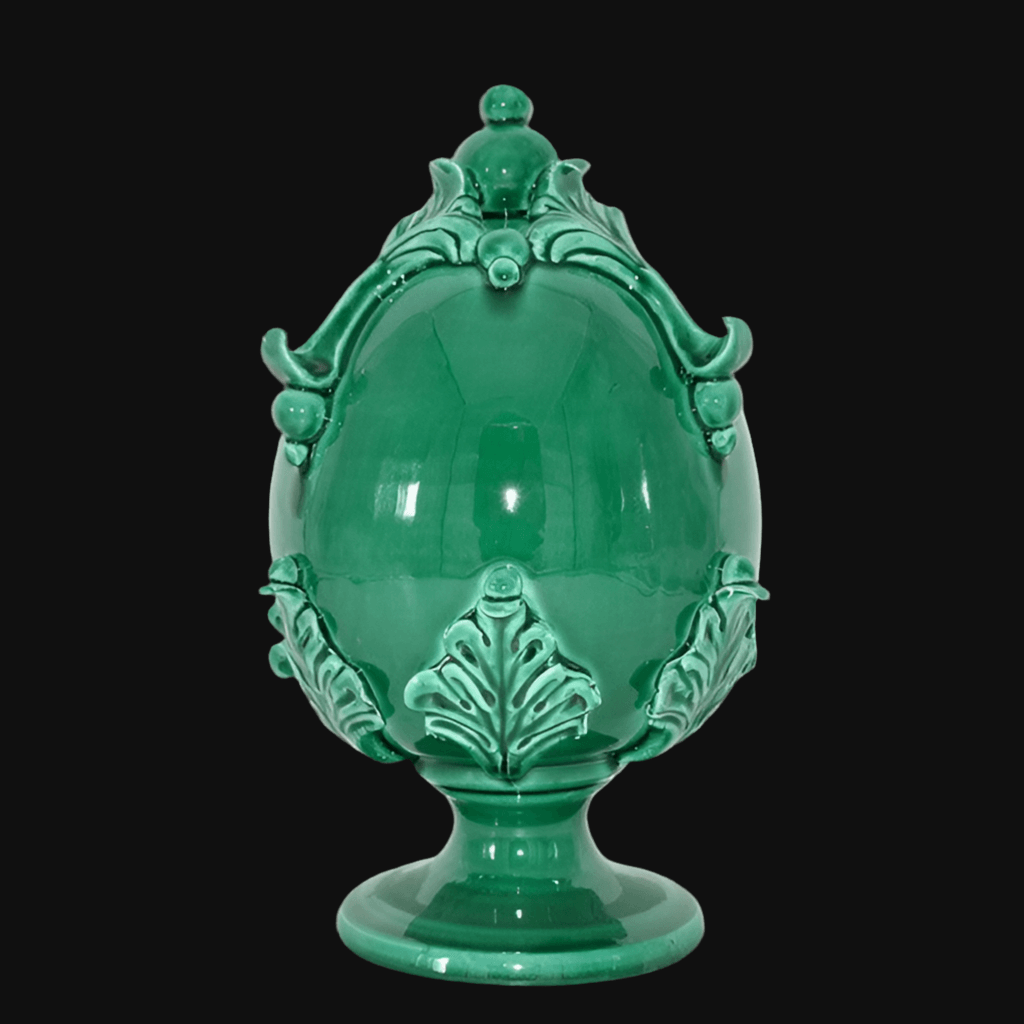 Uovo in ceramica verde smeraldo, decorato, ceramiche caltagirone fatti a mano
