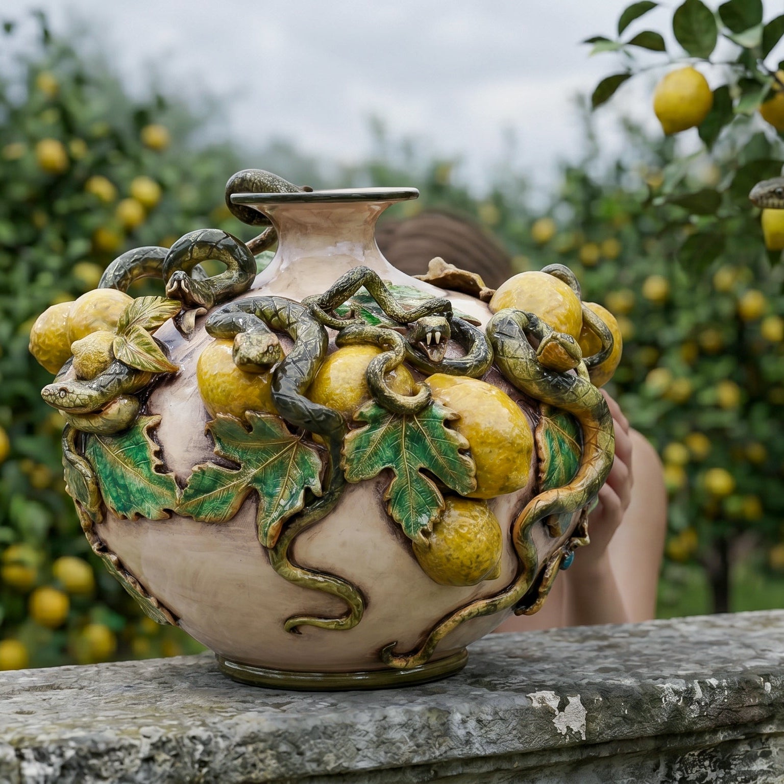 Vaso Boccia Eden con Limoni Applicati in Ceramica di Caltagirone - Linea Giardini dell'Eden, Madreperla