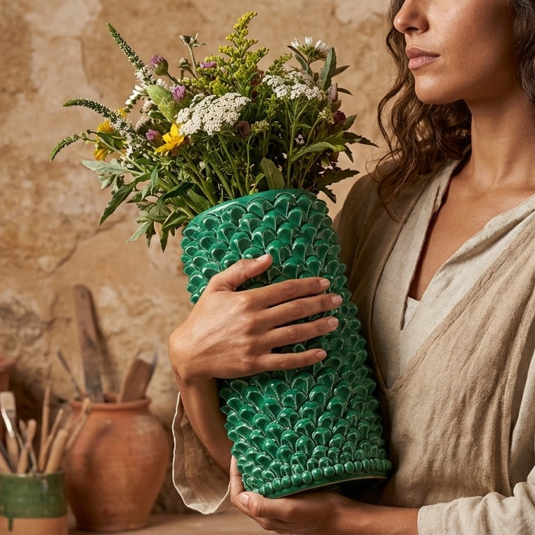 Vaso Pigna cilindro modellata a mano in verde smeraldo - Ceramiche di Caltagirone Sofia