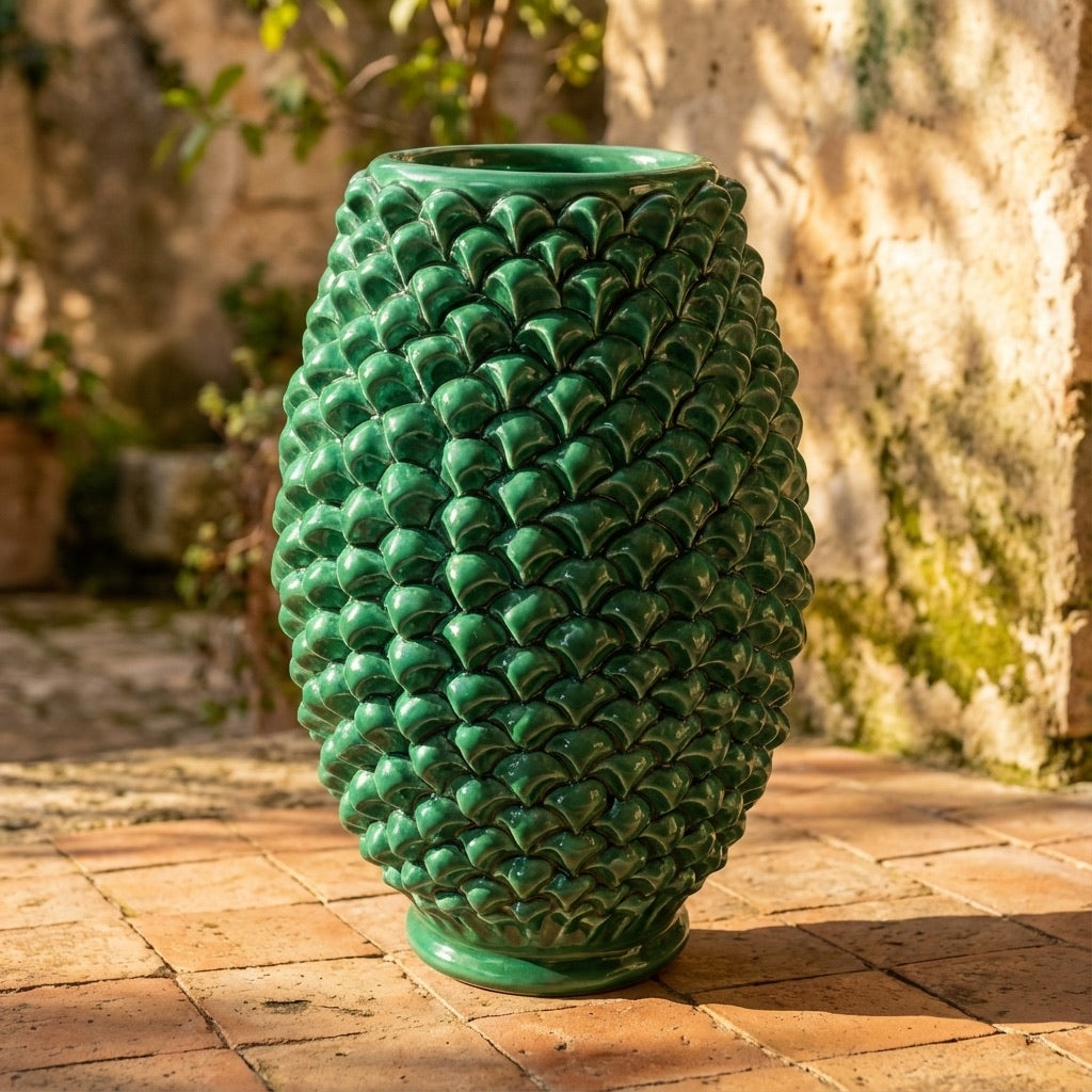 Vaso pigna di Caltagirone verde smeraldo modellata a mano - Ceramiche di Caltagirone Sofia