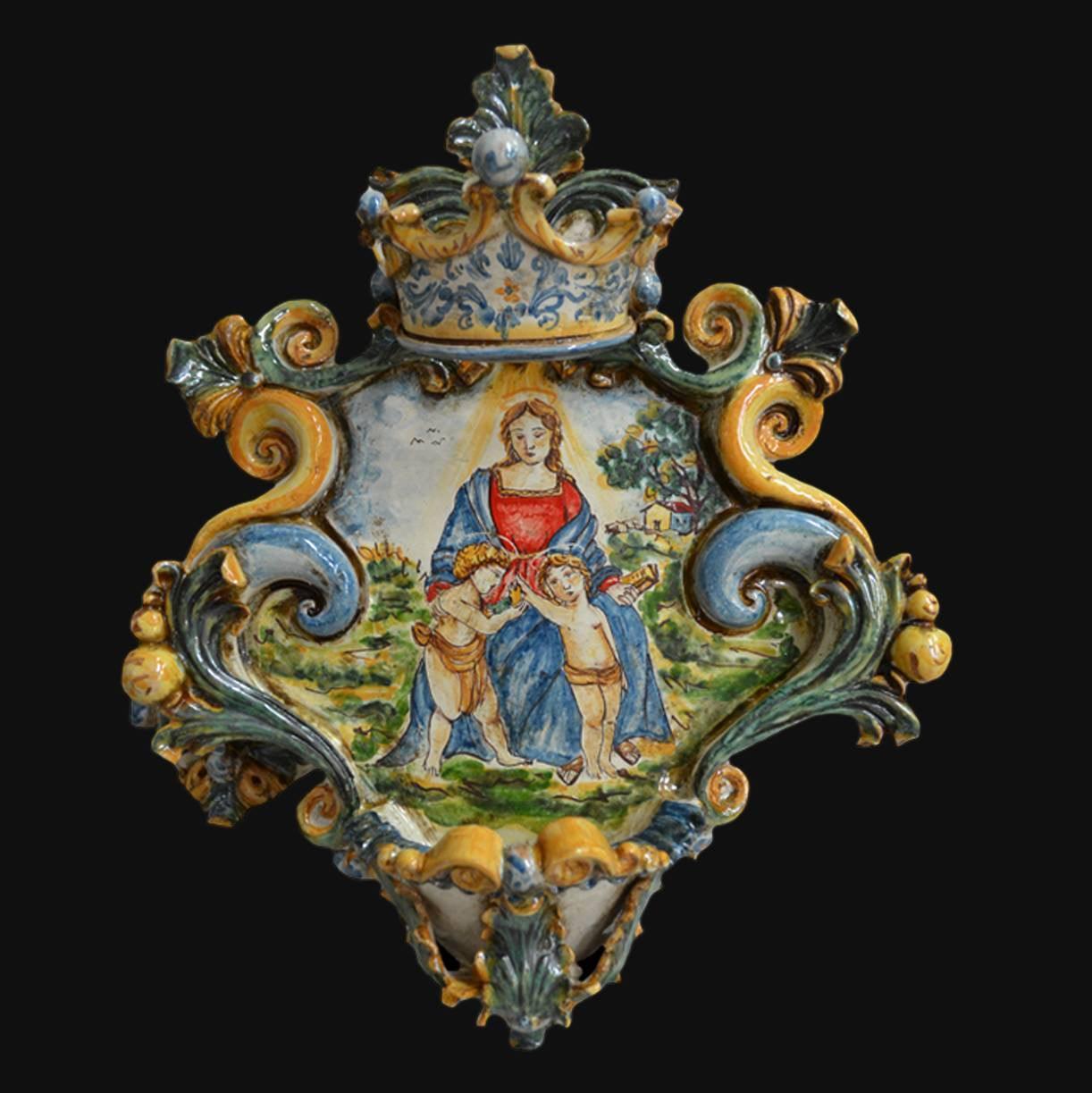 Ceramiche di Caltagirone fatti a mano con Madonna e Bambini, decoro barocco colorato