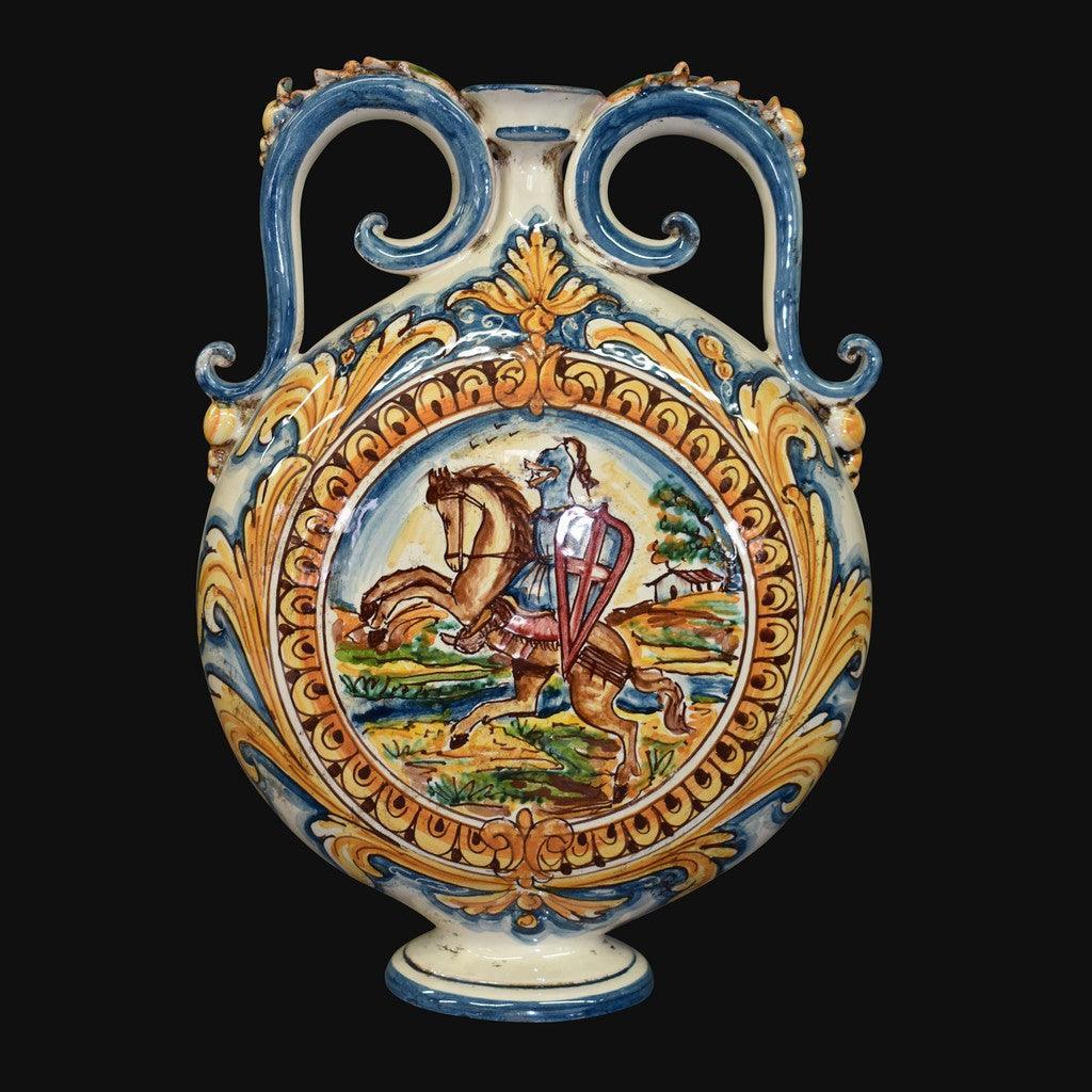 Ceramiche di Caltagirone fatti a mano con cavaliere dipinto, decoro barocco blu e oro