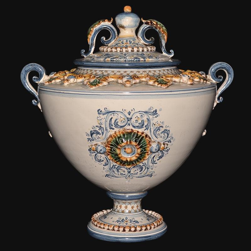 Ceramiche di Caltagirone fatti a mano con decori blu e verdi, vaso con coperchio e manici eleganti