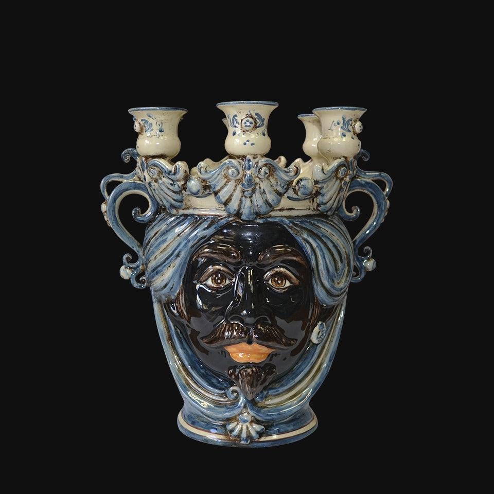 Ceramiche di Caltagirone fatti a mano: candelabro con volto barocco blu e nero